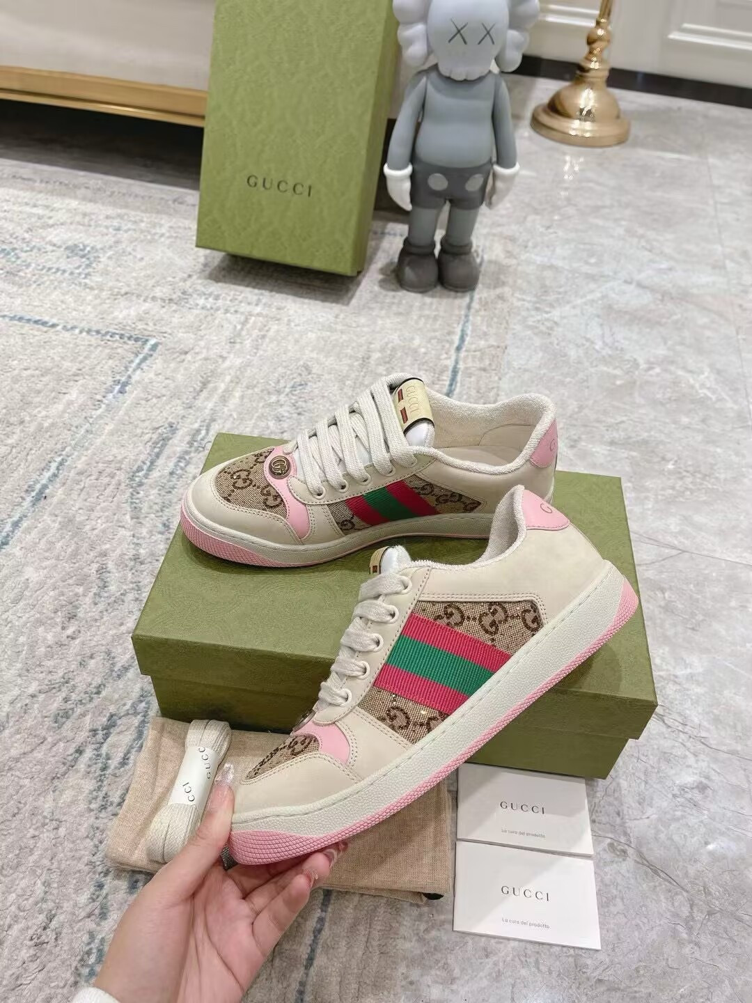 ua G*u*i wmns gg screener gg canvas beige pink