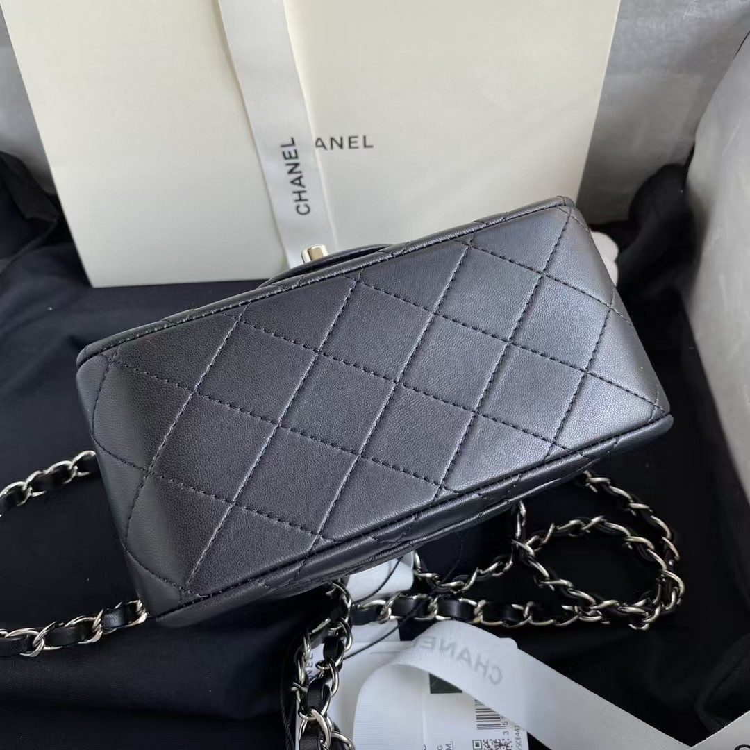 Ch*el mini classic handbag lambskin & silver-tone metal black 13.5x 17x8cm