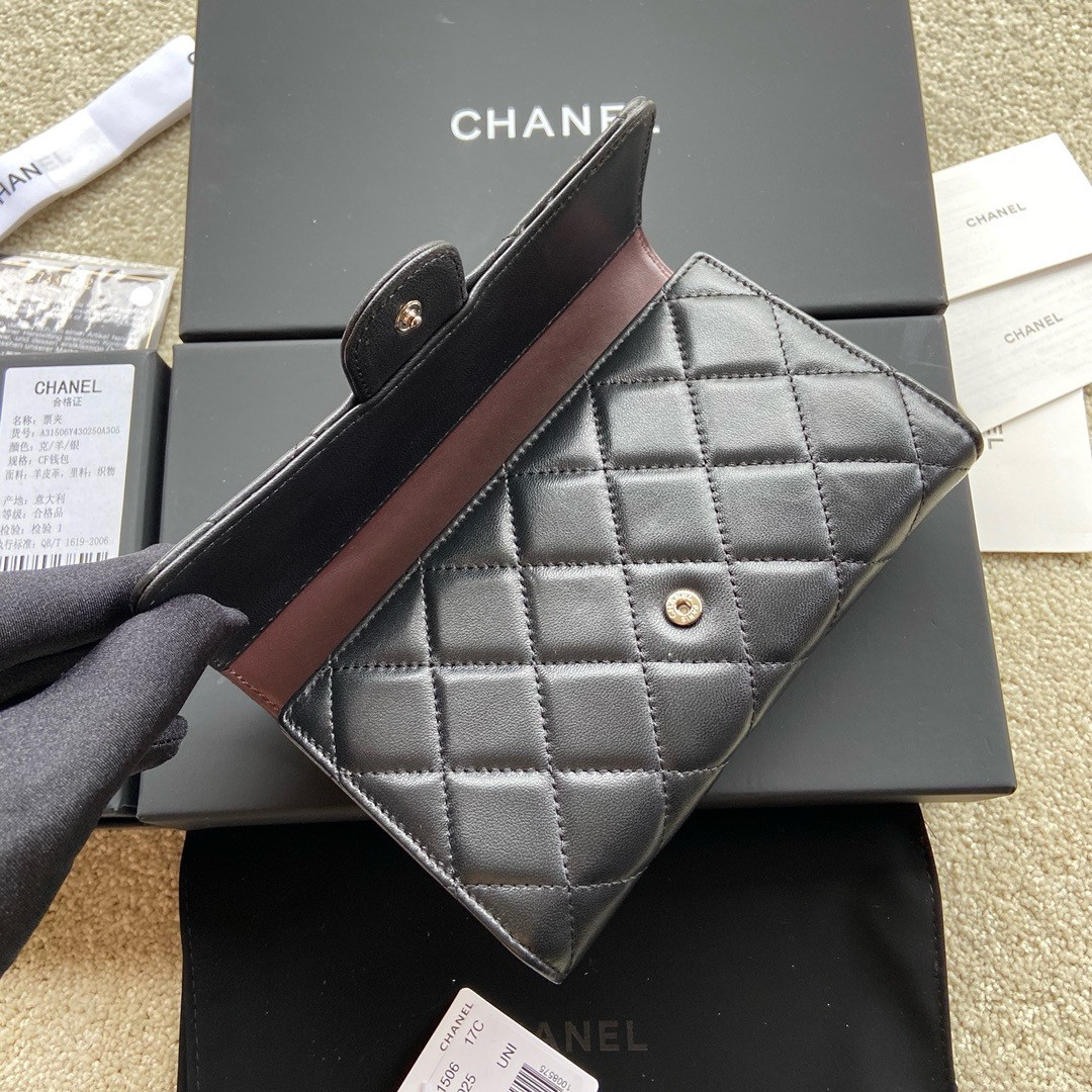Ch*el flap wallet black silver 19.5 x10 cm