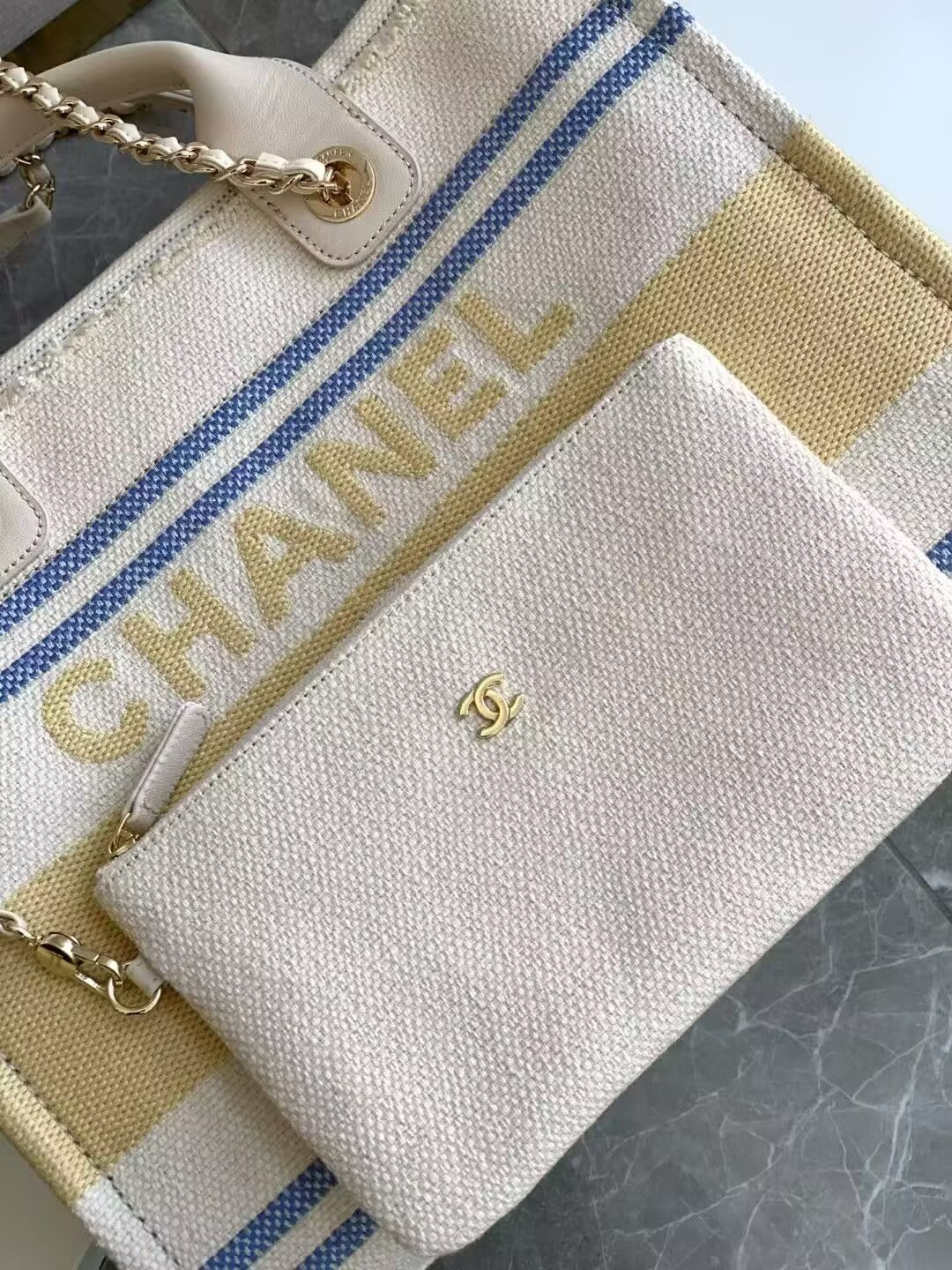 Ch*el shopping bag cotton canvas & gold-tone metal 34x27x16cm
