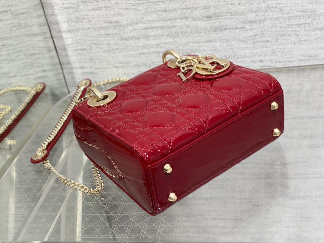 mini lady D*or bag cherry red patent cannage calfskin 6.5 x 6 x 3 inches
