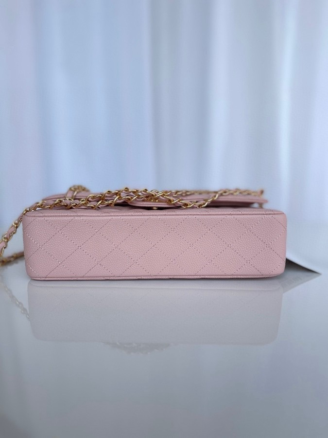 Ch*el classic handbag grained calfskin & gold-tone metal pink 6 × 9.9 × 2.5 in
