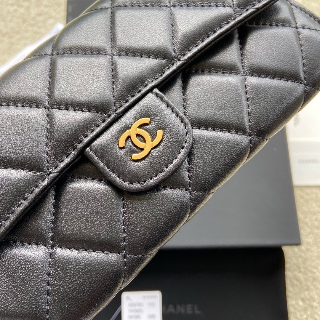 Ch*el flap wallet black 19.5 x10 cm
