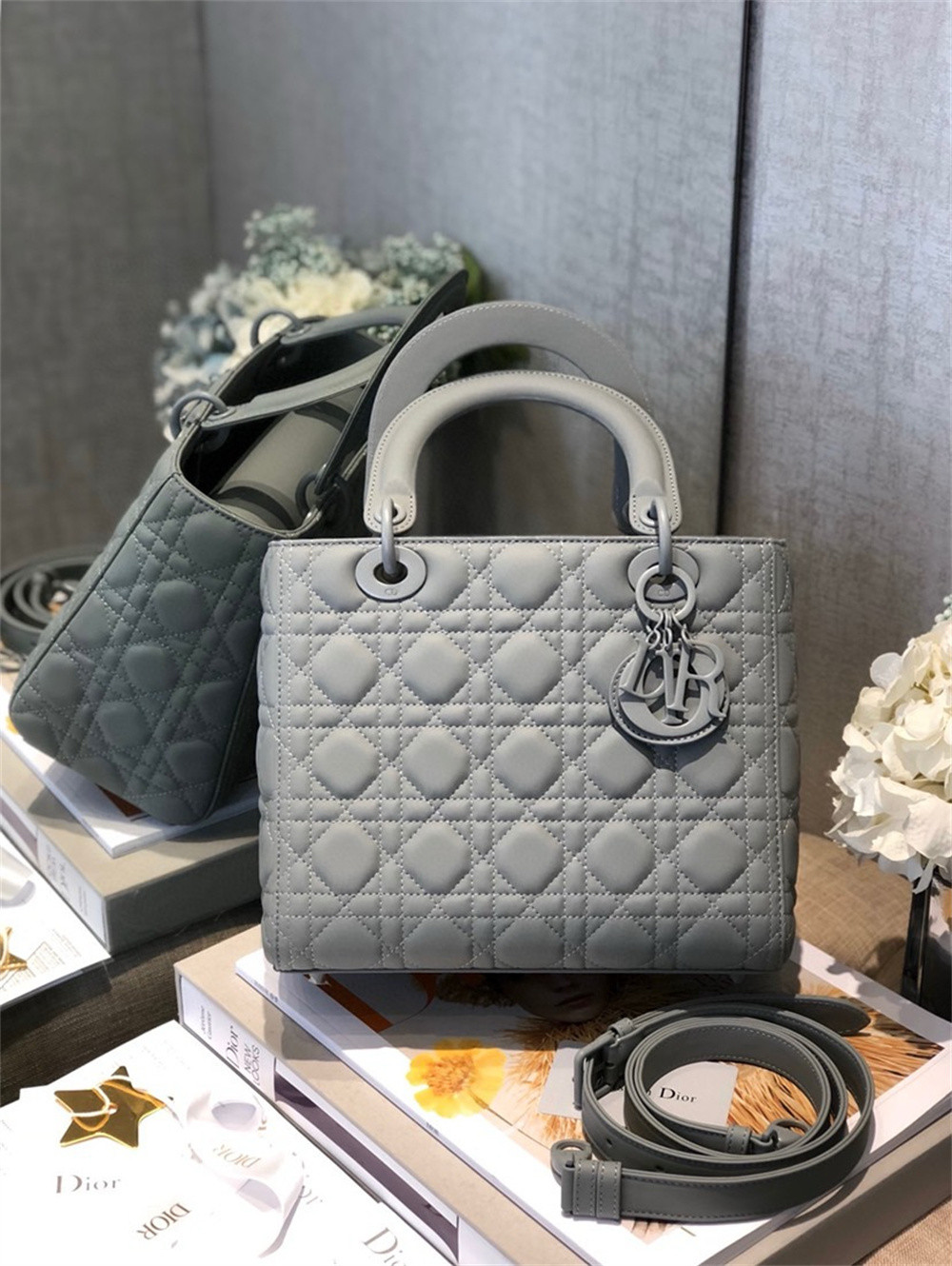 medium lady D*or bag 9.5 x 8 x 4.5 inches