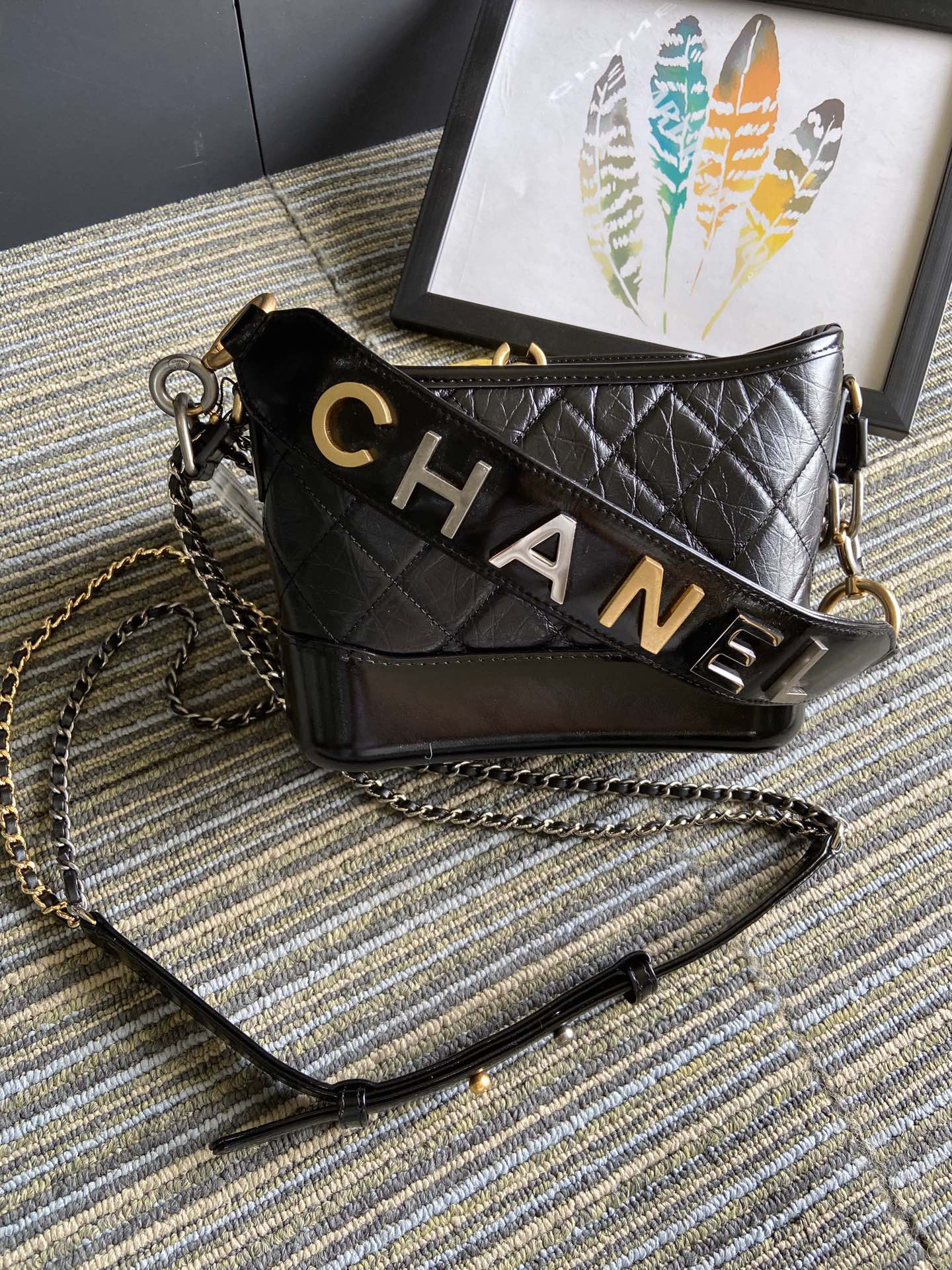 Ch*el gabrielle small black with shoulder strap letters 20 x 15 x 8cm