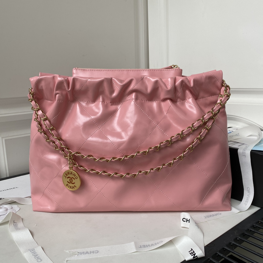 Ch*el 22 handbag shiny calfskin pink 30×45×8cm