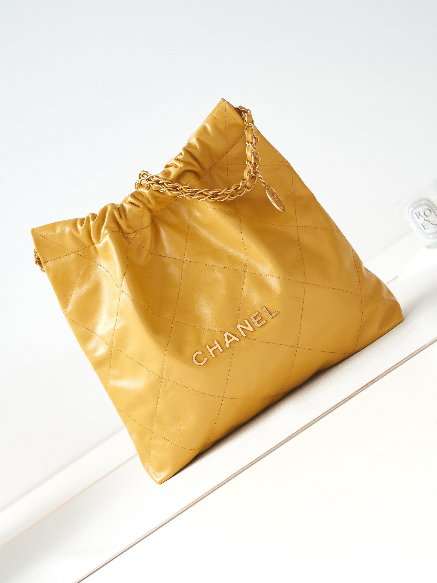 Ch*el 22 small handbag shiny calfskin yellow 15.2×16.4×3.1 in