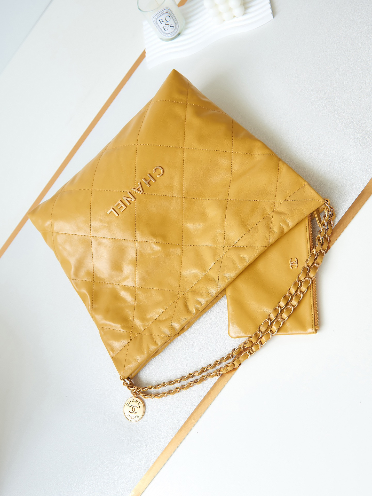 Ch*el 22 small handbag shiny calfskin yellow 15.2×16.4×3.1 in