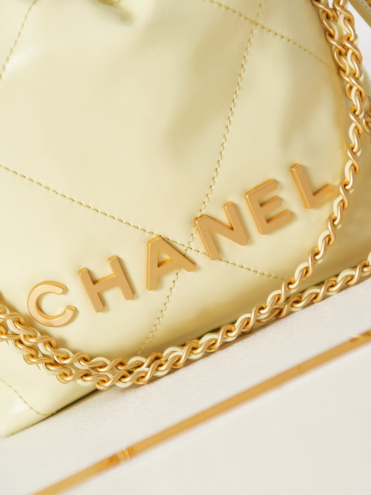 Ch*el 22 mini handbag shiny calfskin yellow 7.8 × 7.4 × 2.3 in