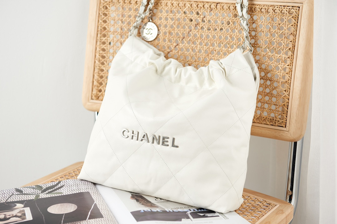 Ch*el 22 small handbag shiny calfskin white 13.7×14.4×2.7 in