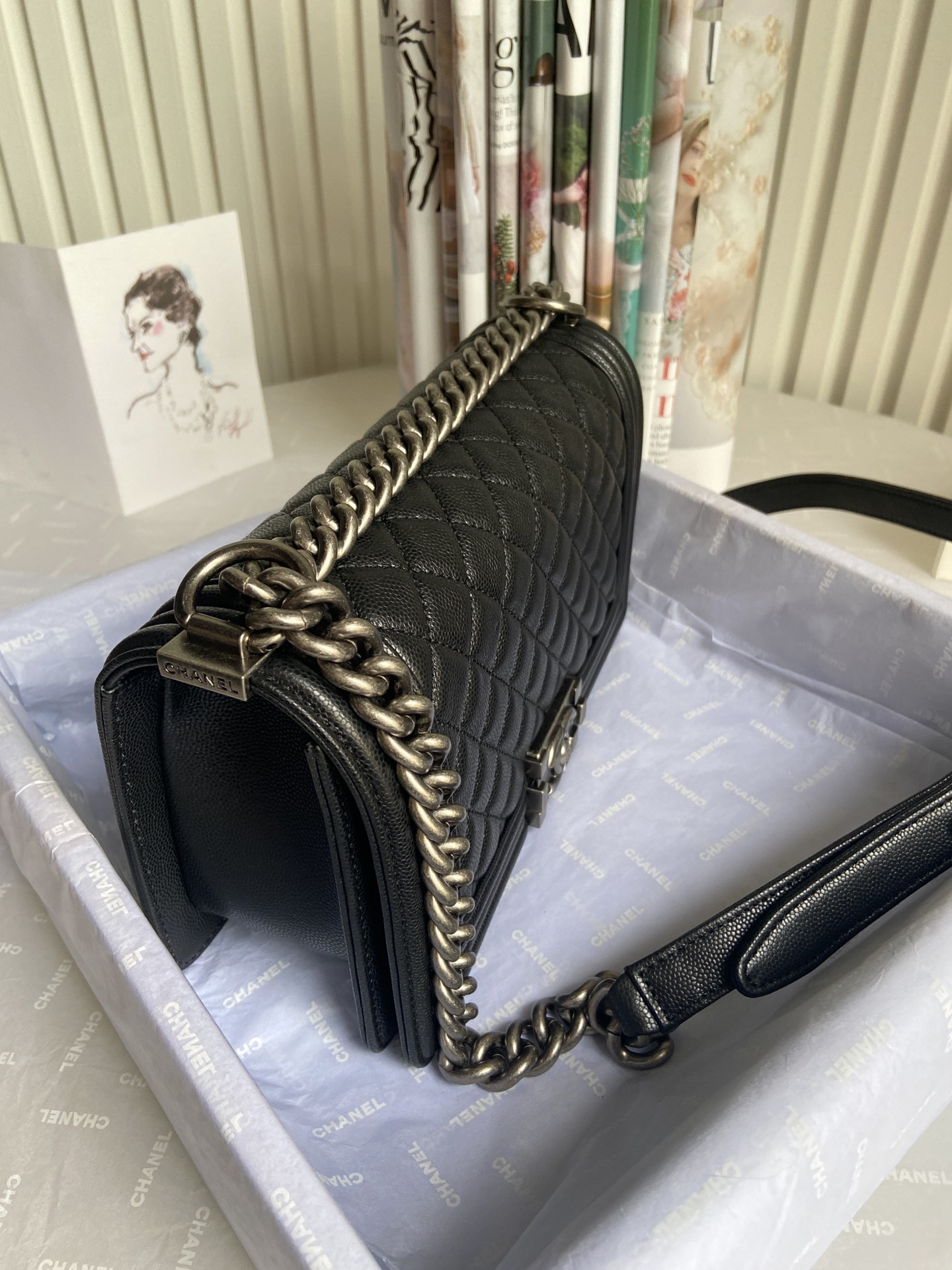 boy Ch*el handbag shiny grained calfskin 5.9 × 9.8 × 3.5 in