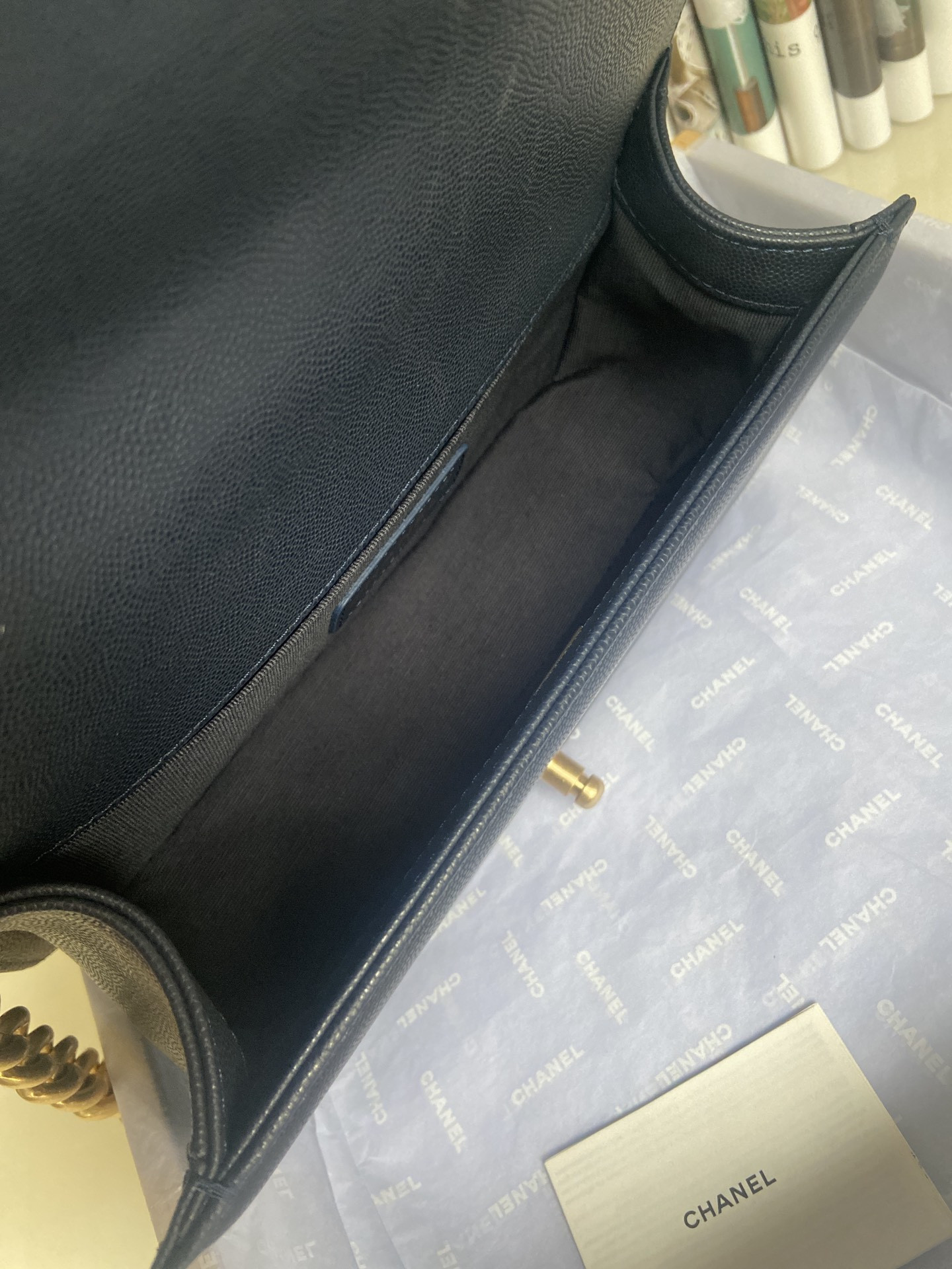 boy Ch*el handbag shiny grained calfskin & gold-tone metal navy 5.9 × 9.8 × 3.5 in