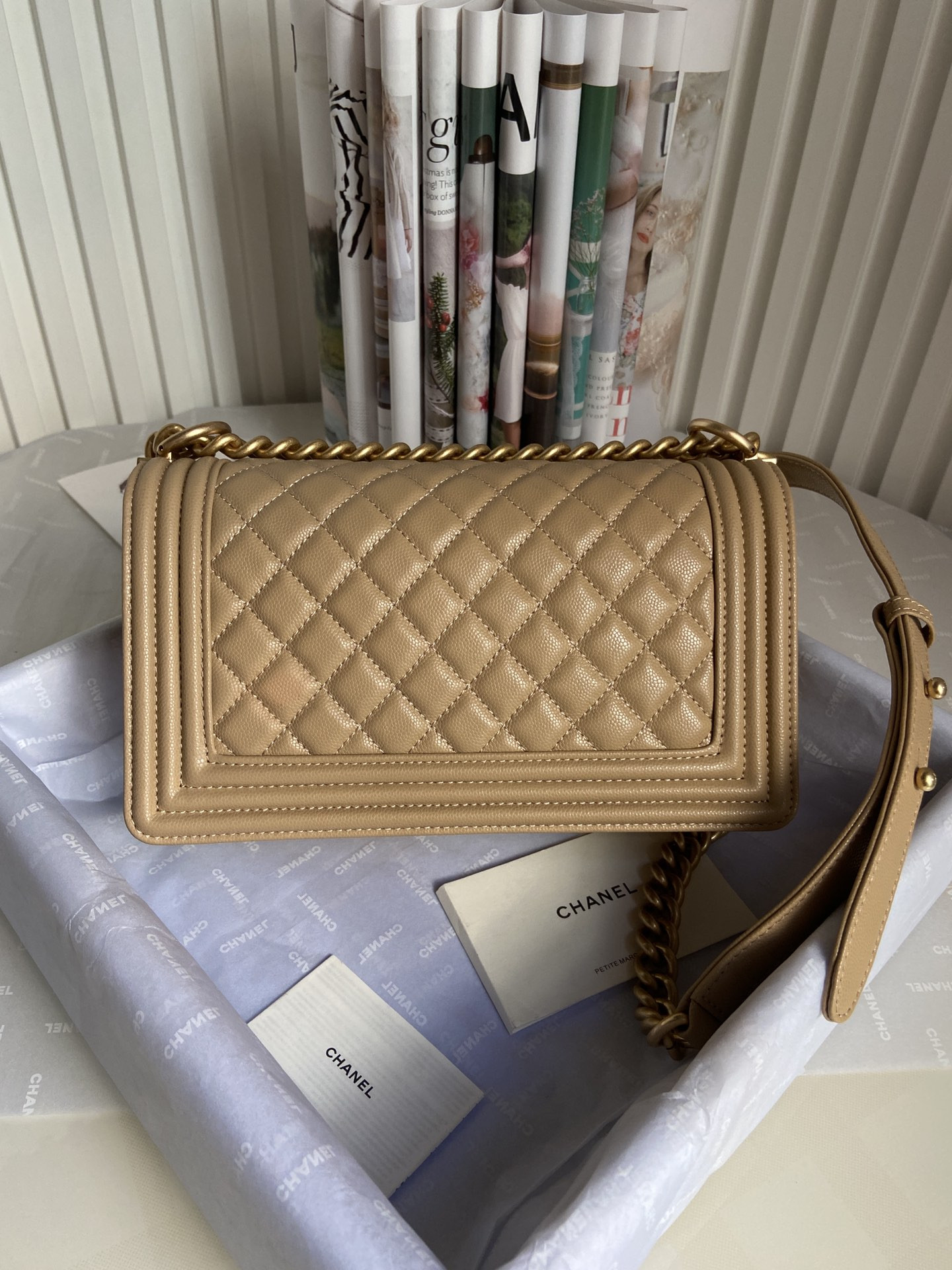 boy Ch*el handbag shiny grained calfskin brown 5.9 × 9.8 × 3.5 in