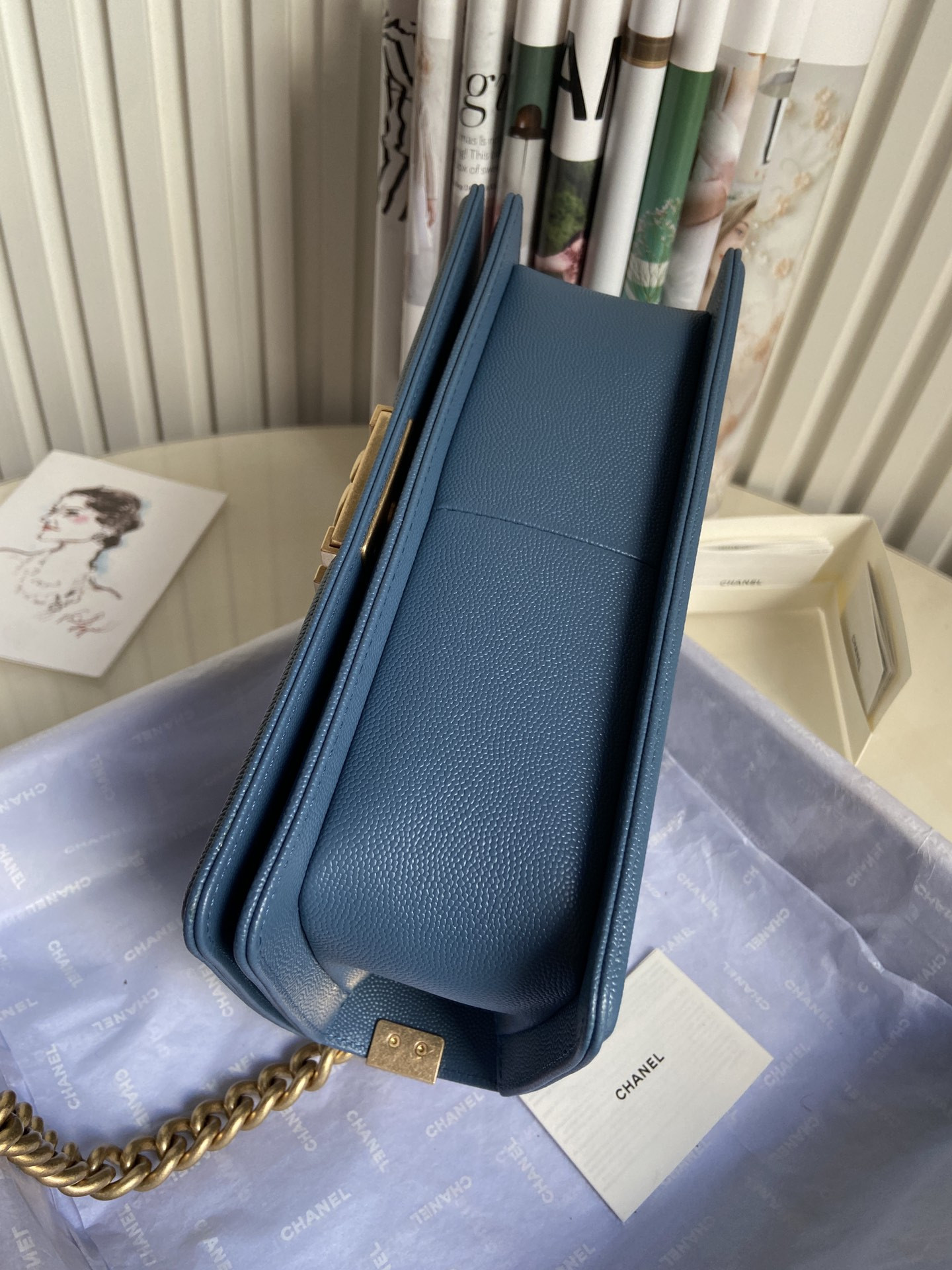 boy Ch*el handbag shiny grained calfskin & gold-tone metal blue 5.9 × 9.8 × 3.5 in
