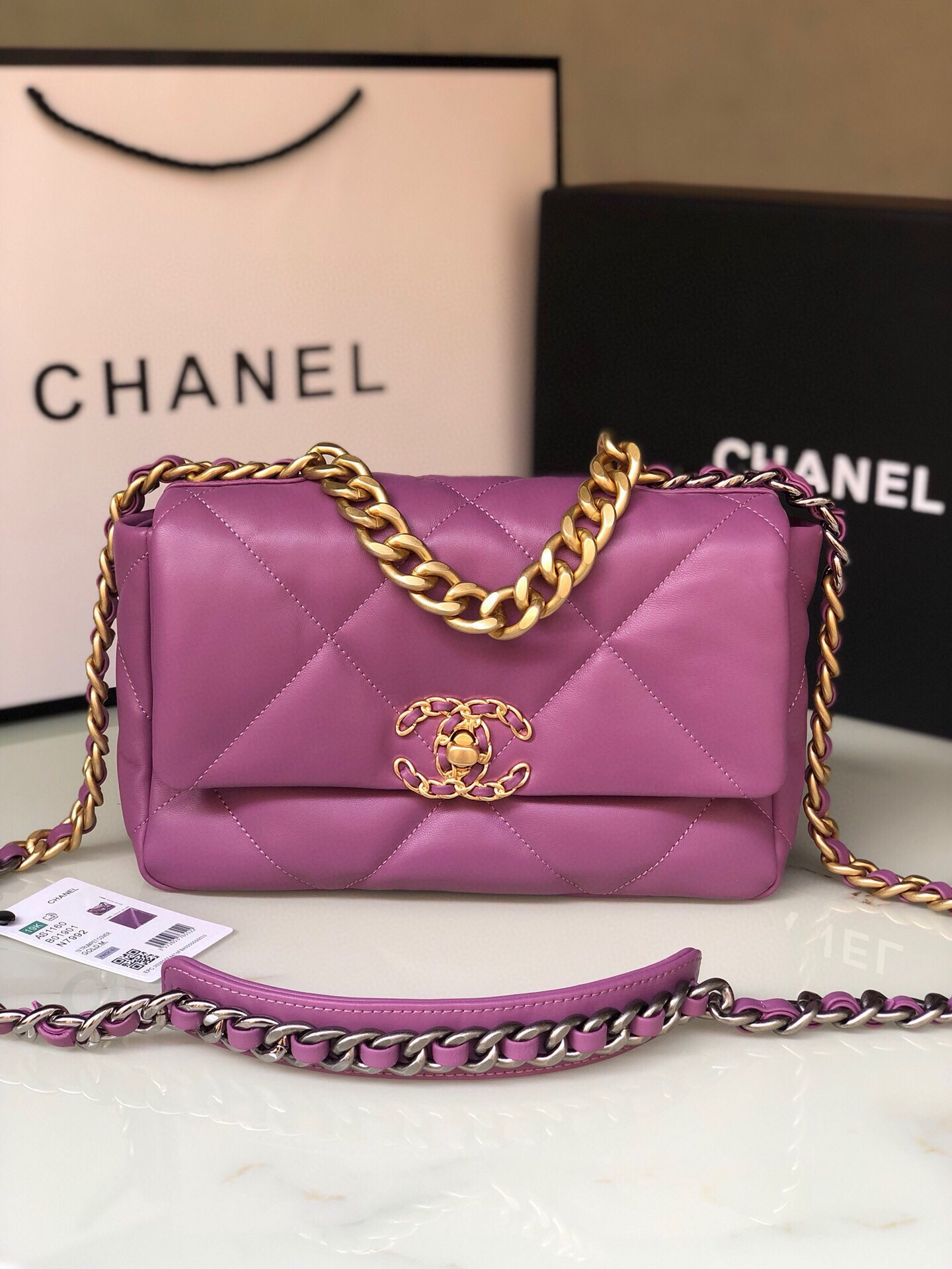 Ch*el 19 handbag shiny leather, gold-tone, silver-tone & ruthenium-finish metal purple 6.2 × 10.1 × 3.5 in