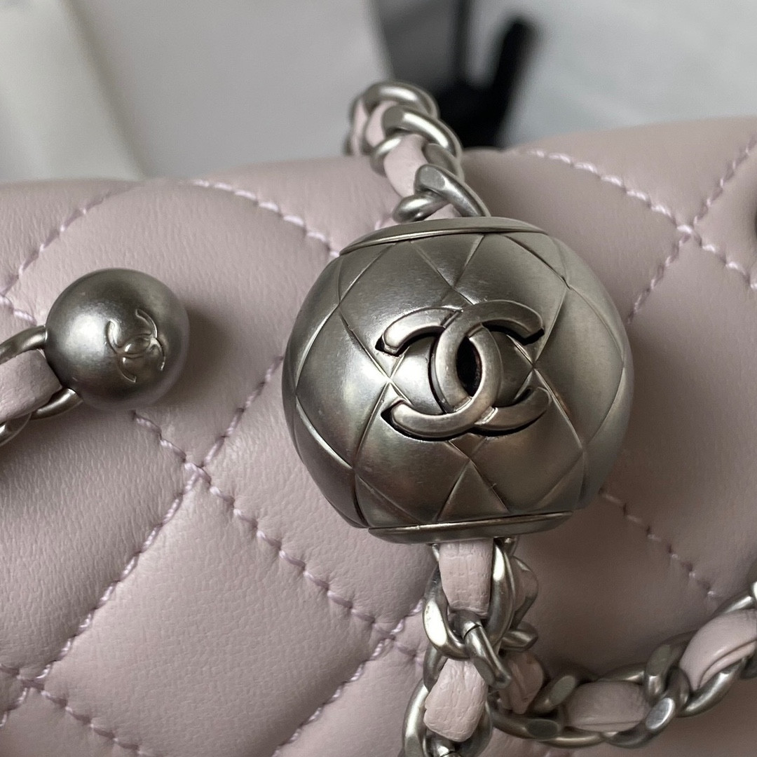 Ch*el mini flap bag shiny calfskin & silver-tone metal 5.3 × 6.6 × 3.1 in