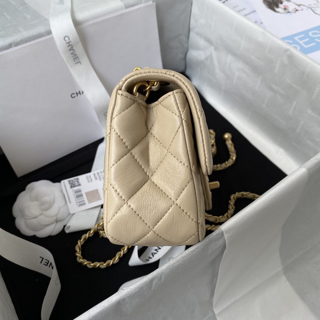 Ch*el mini flap bag shiny calfskin & gold-tone metal light beige 4.7 × 7.8 × 2.3 in