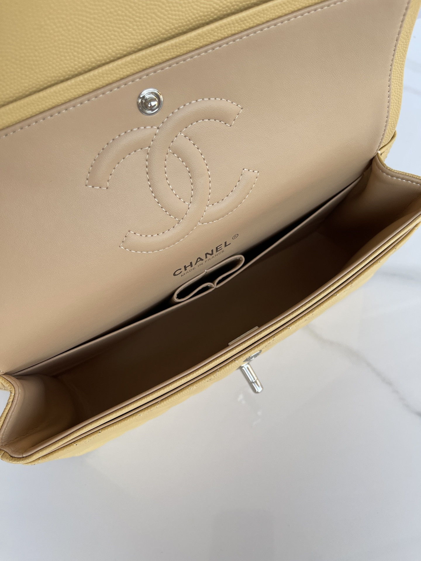 Ch*el classic handbag grained calfskin & silver-tone metal yellow 6 × 9.9 × 2.5 in