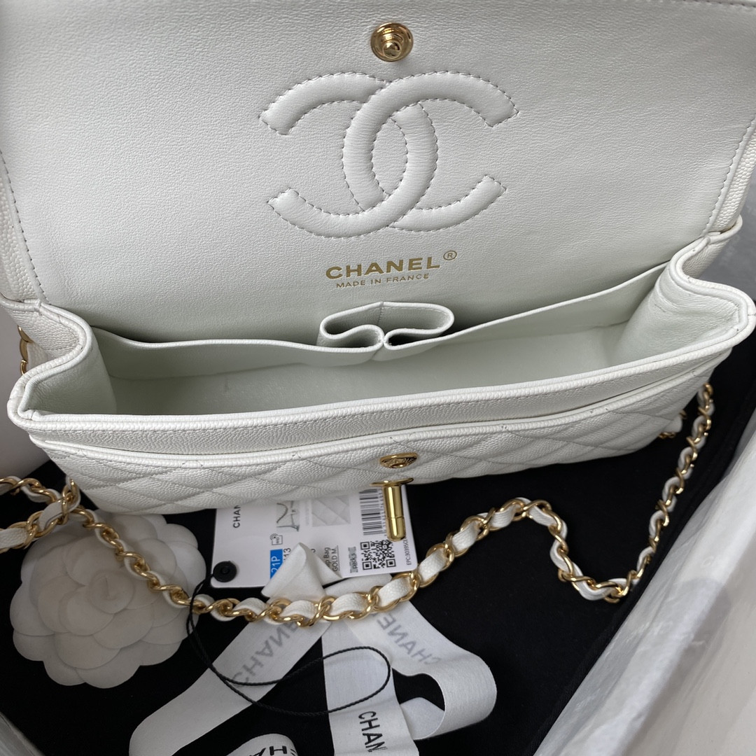 Ch*el small classic handbag grained calfskin & gold-tone metal white 5.7 × 9 × 2.3 in