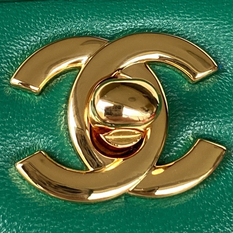 Ch*el small classic handbag grained shiny calfskin & gold-tone metal green 5.7 × 9 × 2.3 in