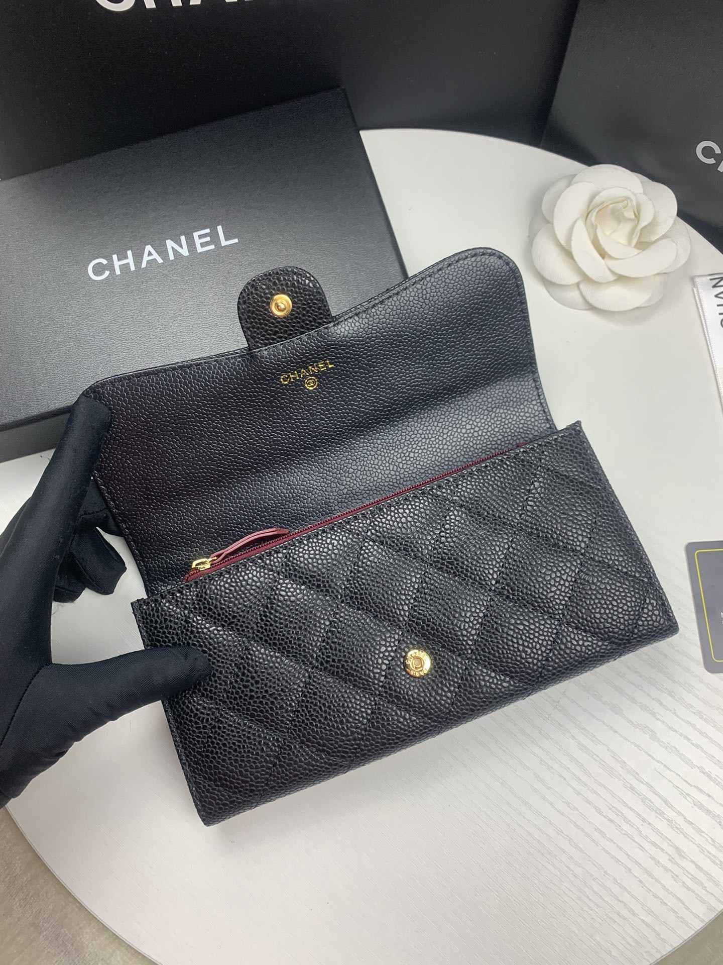 Ch*el flap wallet grained leather black gold 19.5 x10 cm