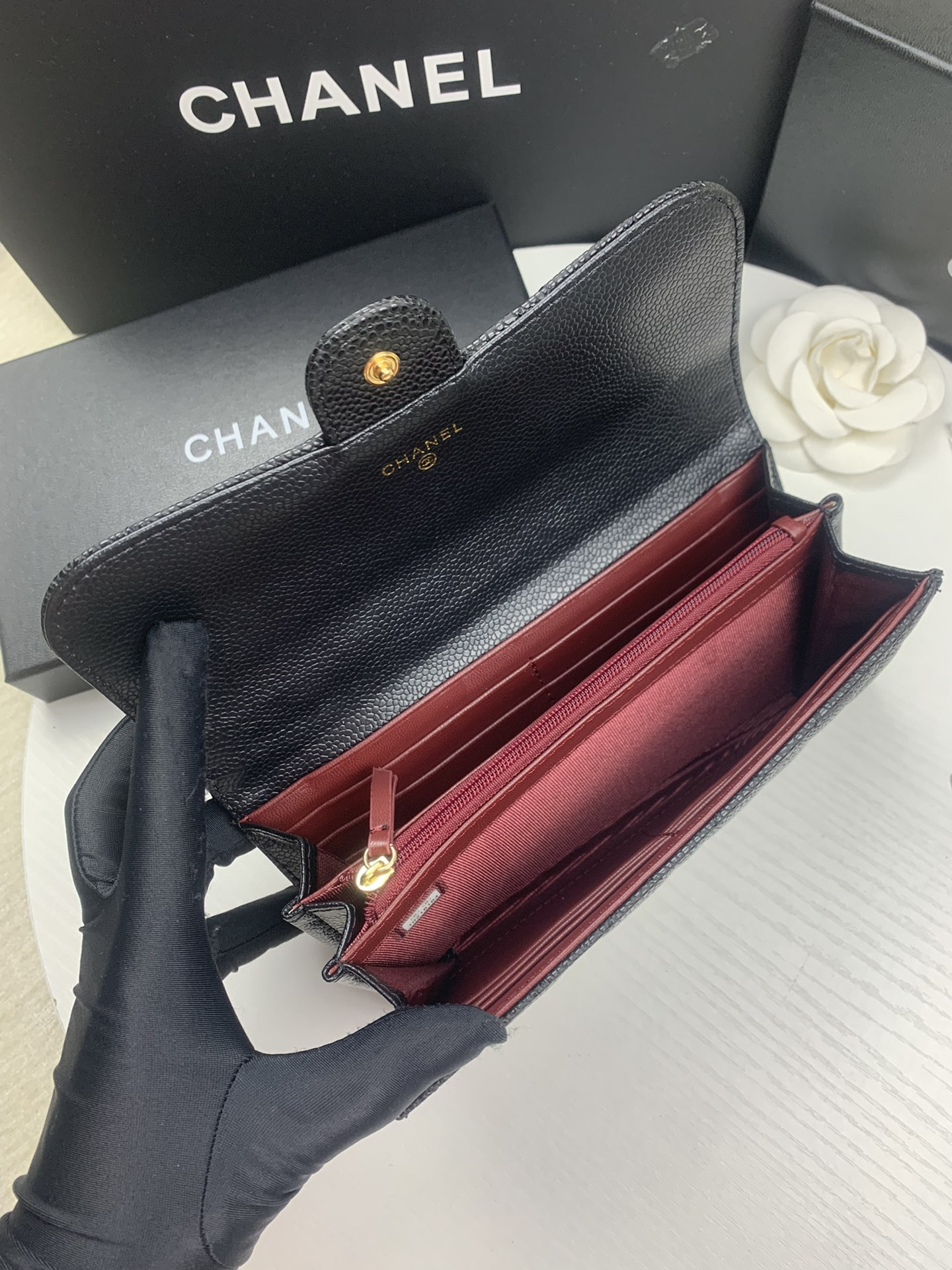 Ch*el flap wallet grained leather black gold 19.5 x10 cm
