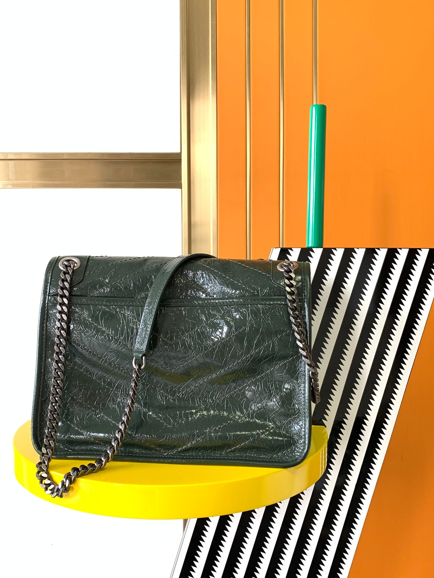 Y*L niki medium in vintage leather dark green 11 x 7.8 x 3.3 inches