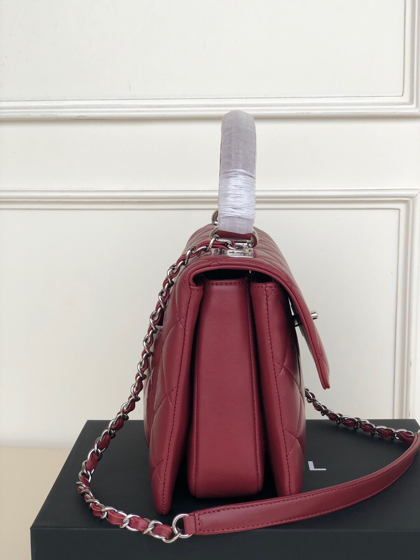 Ch*el flap bag with top handle 6.6 × 9.8 × 4.7 in