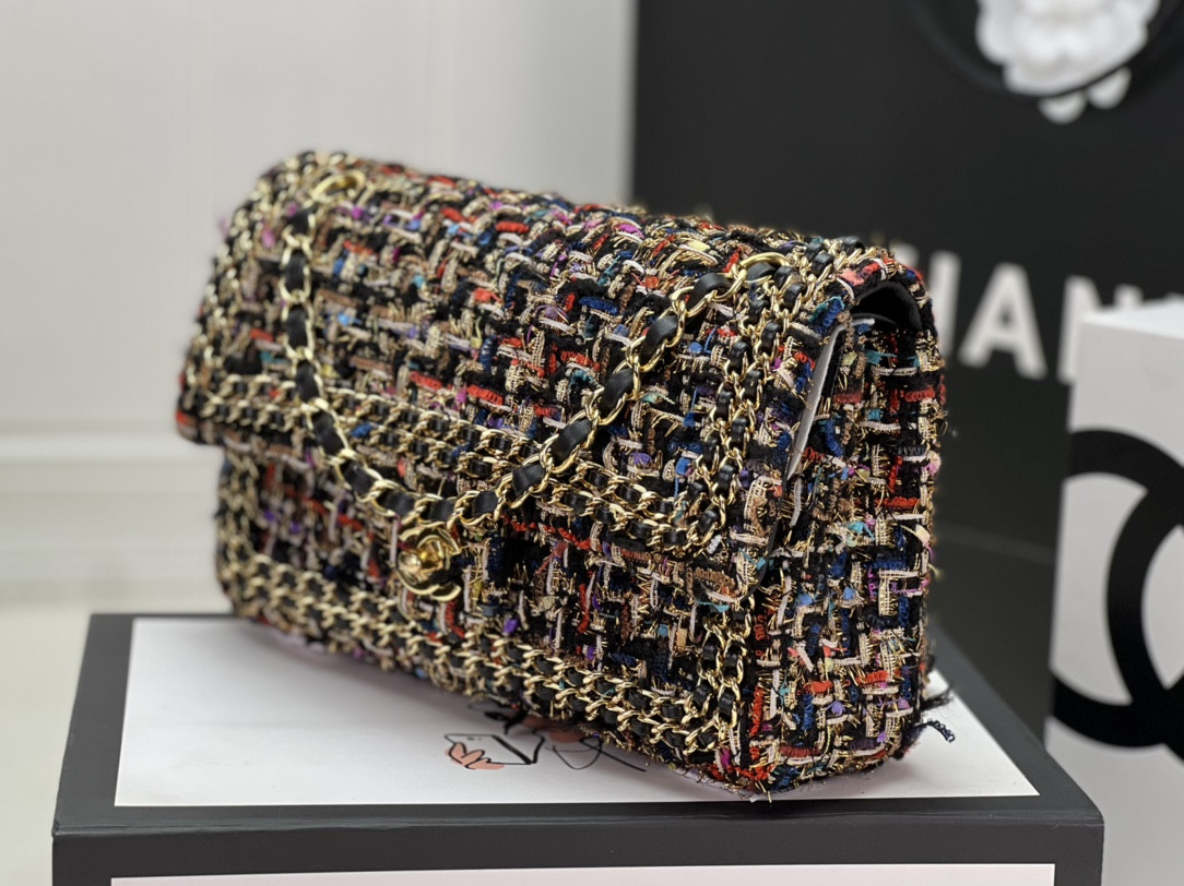 Ch*el classic 11.12 handbag tweed & gold-tone metal 6 × 9.9 × 2.5 in