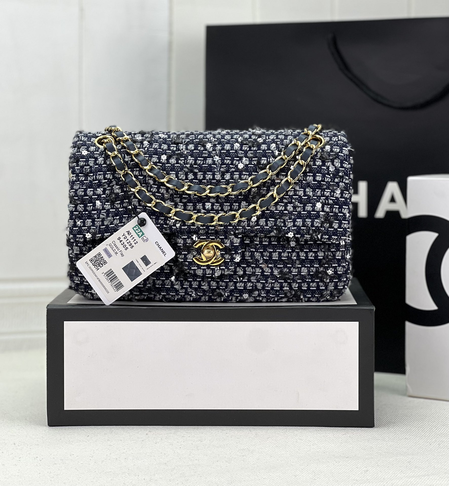 Ch*el classic 11.12 handbag tweed & gold-tone metal 6 × 9.9 × 2.5 in