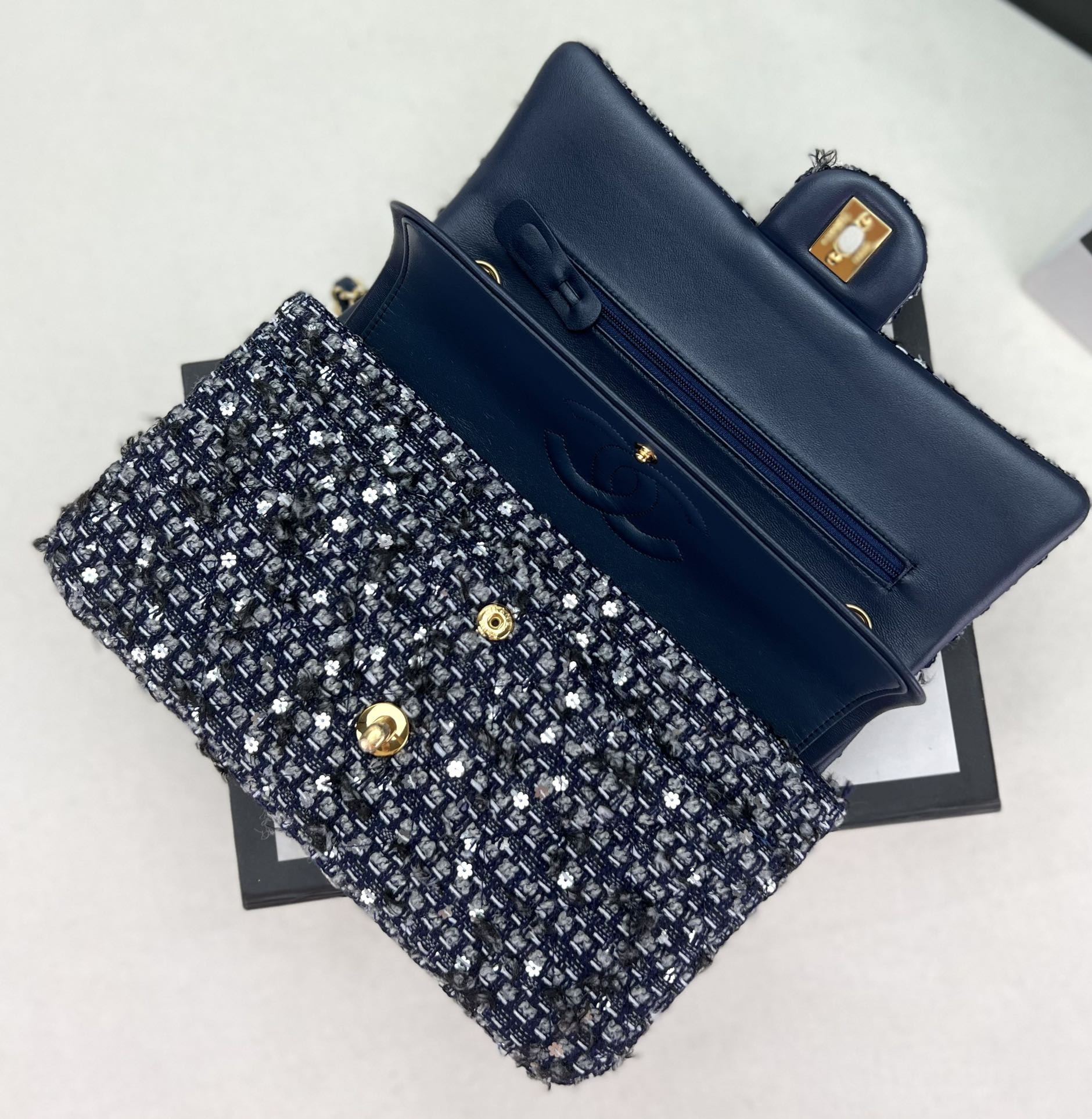 Ch*el classic 11.12 handbag tweed & gold-tone metal 6 × 9.9 × 2.5 in