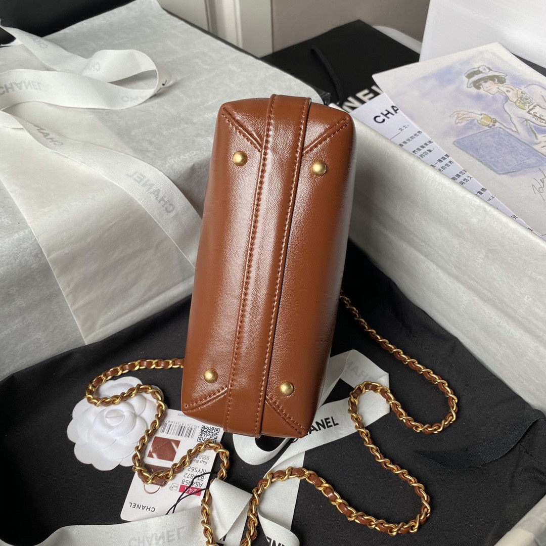 Ch*el mini bag with top handle shiny lambskin & gold-tone metal brown 12 × 18 × 7 cm