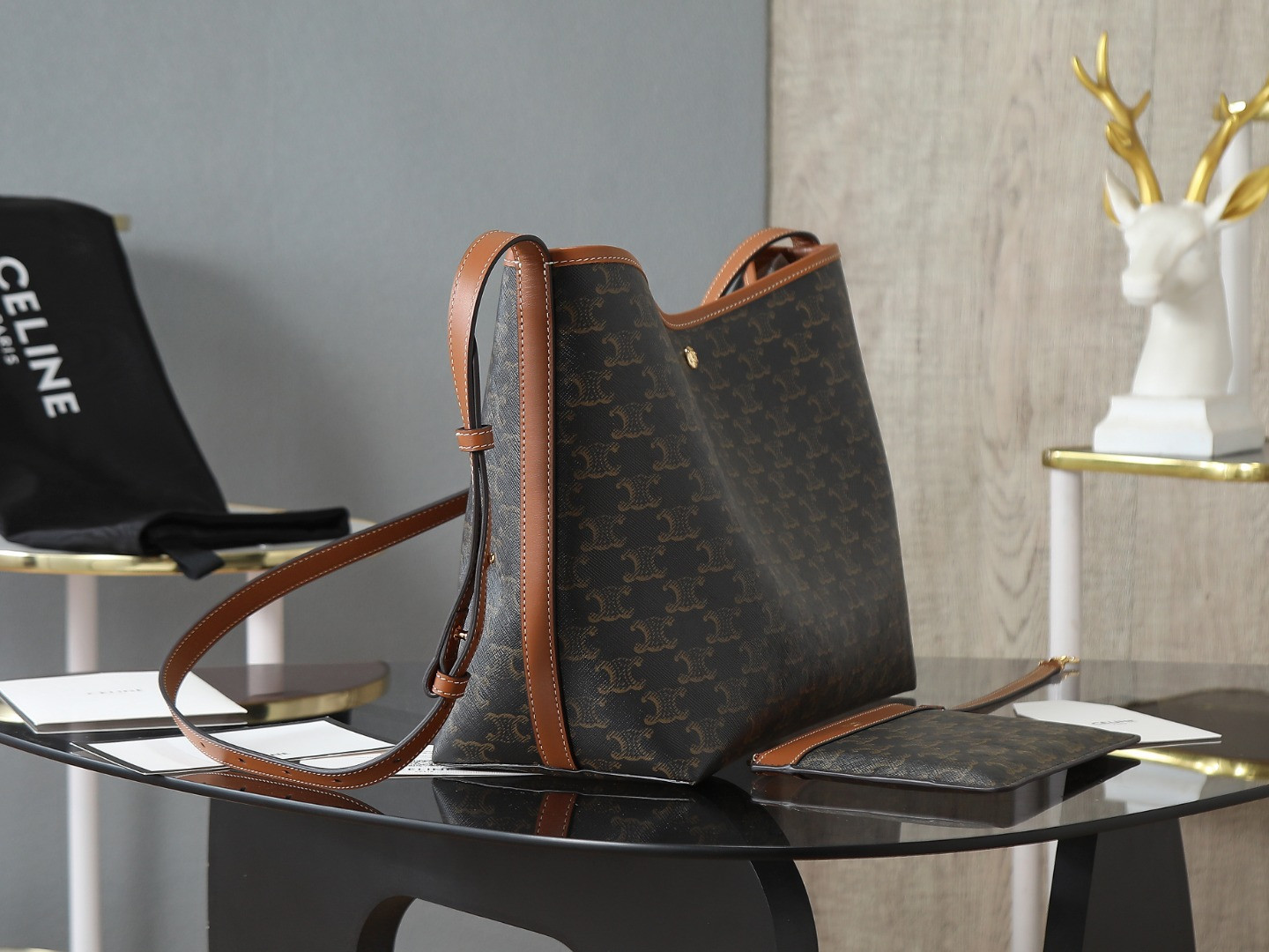 Ce**e soft shopper bag in triomphe canvas and calfskin 32.5x24.5x14cm